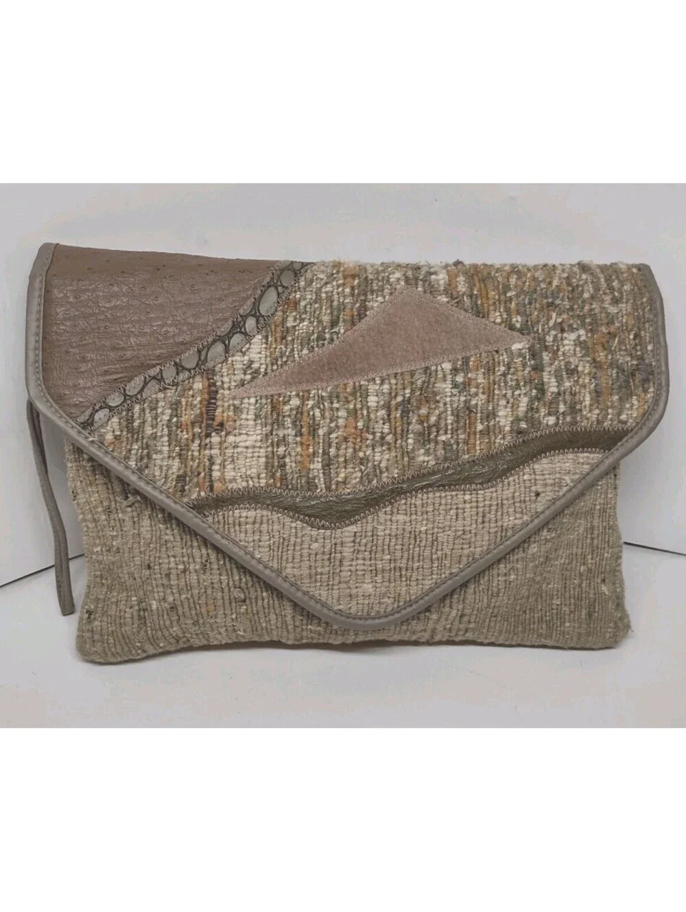 Y2K Boho Patchwork Wristlet Clutch Textured Woven Suede Look Neutral Handbag